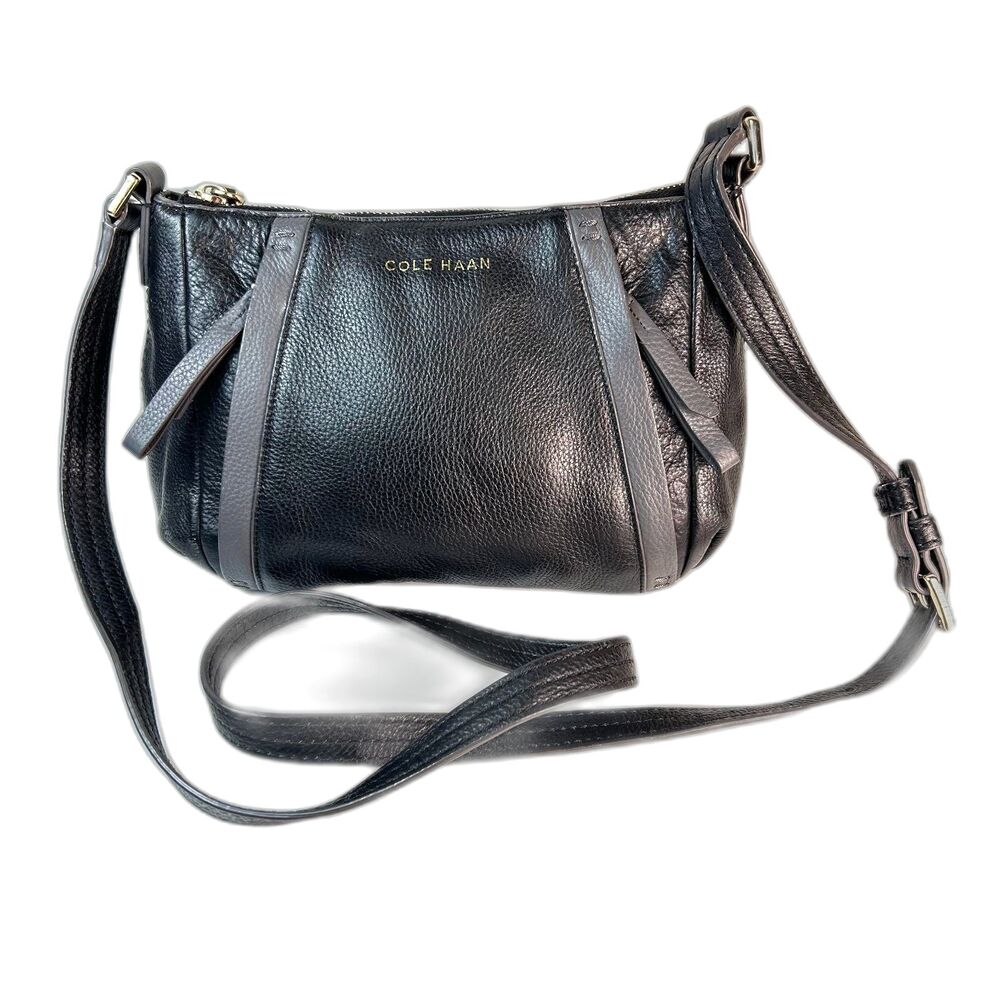 Cole Haan Black Gray Pebble Leather Zip Top Crossbody Bag